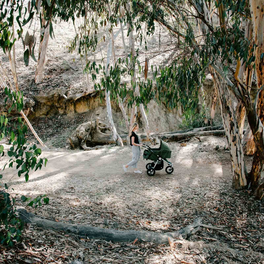 
                      
                        Organic Cotton Bassinet Sheet on Bumbleride Indie All Terrain in Camp Green From Distance
                      
                    